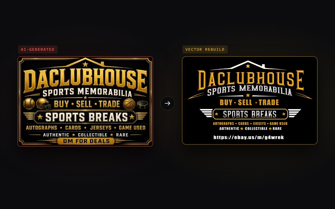 An AI-generated Daclubhouse logo beside its clean vector rebuild by Forbes Design