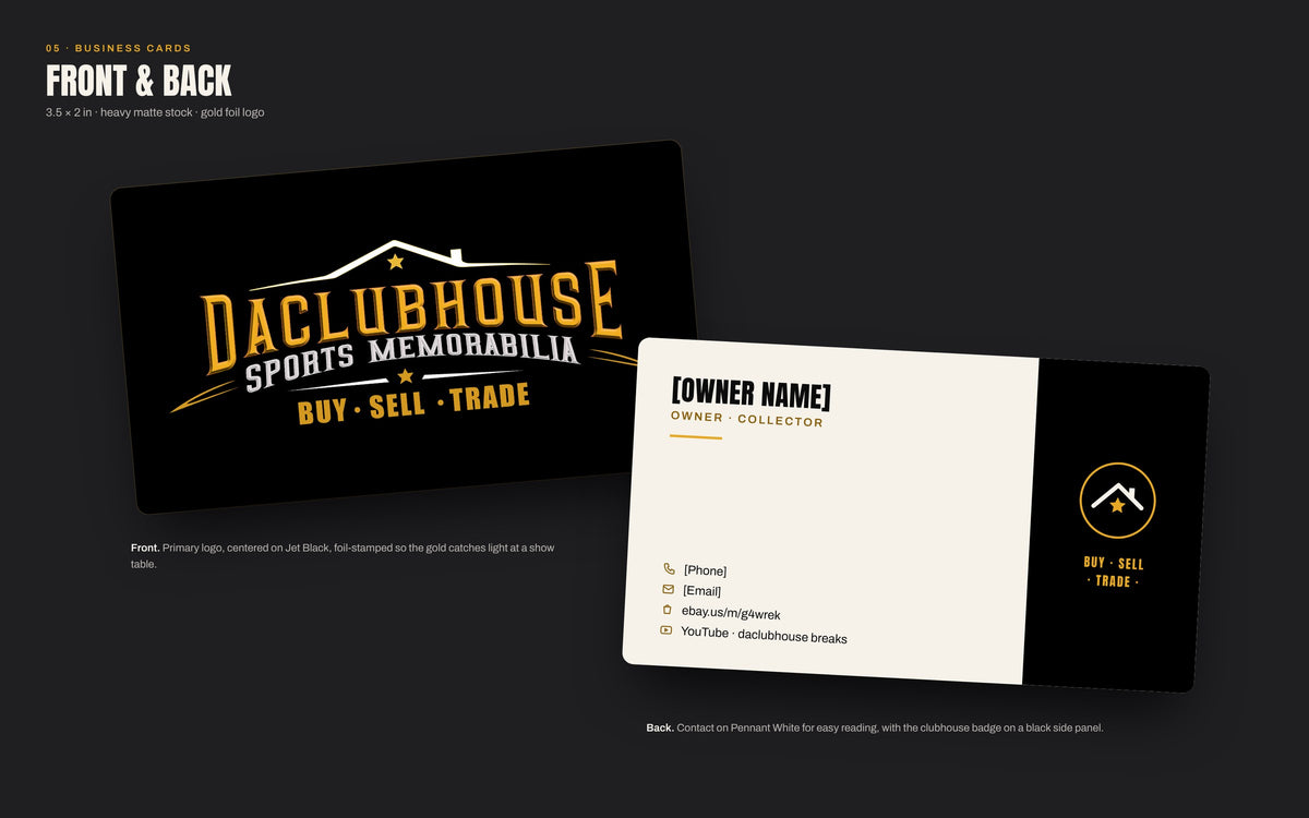 Business cards: the foil-stamped logo on the front, easy-to-read contact details on the back.