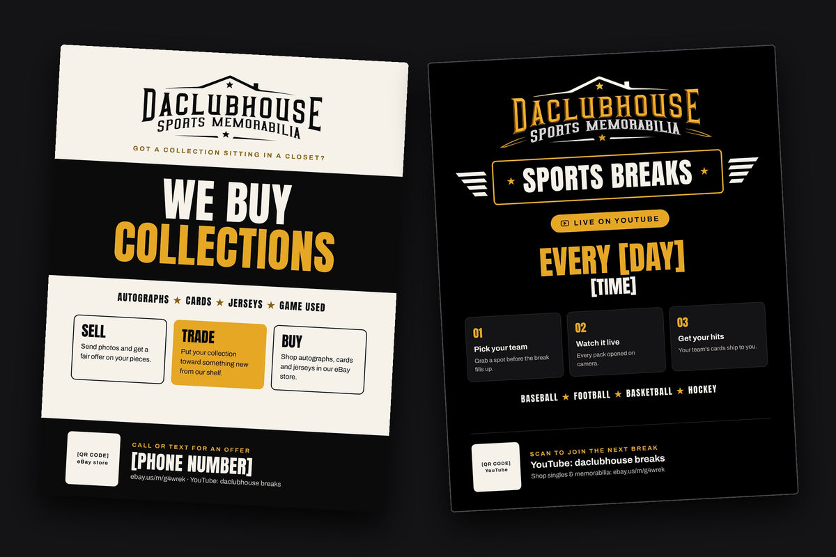 Flyers: a light, office-printable We Buy Collections piece and a black-and-gold Live Sports Breaks promo.