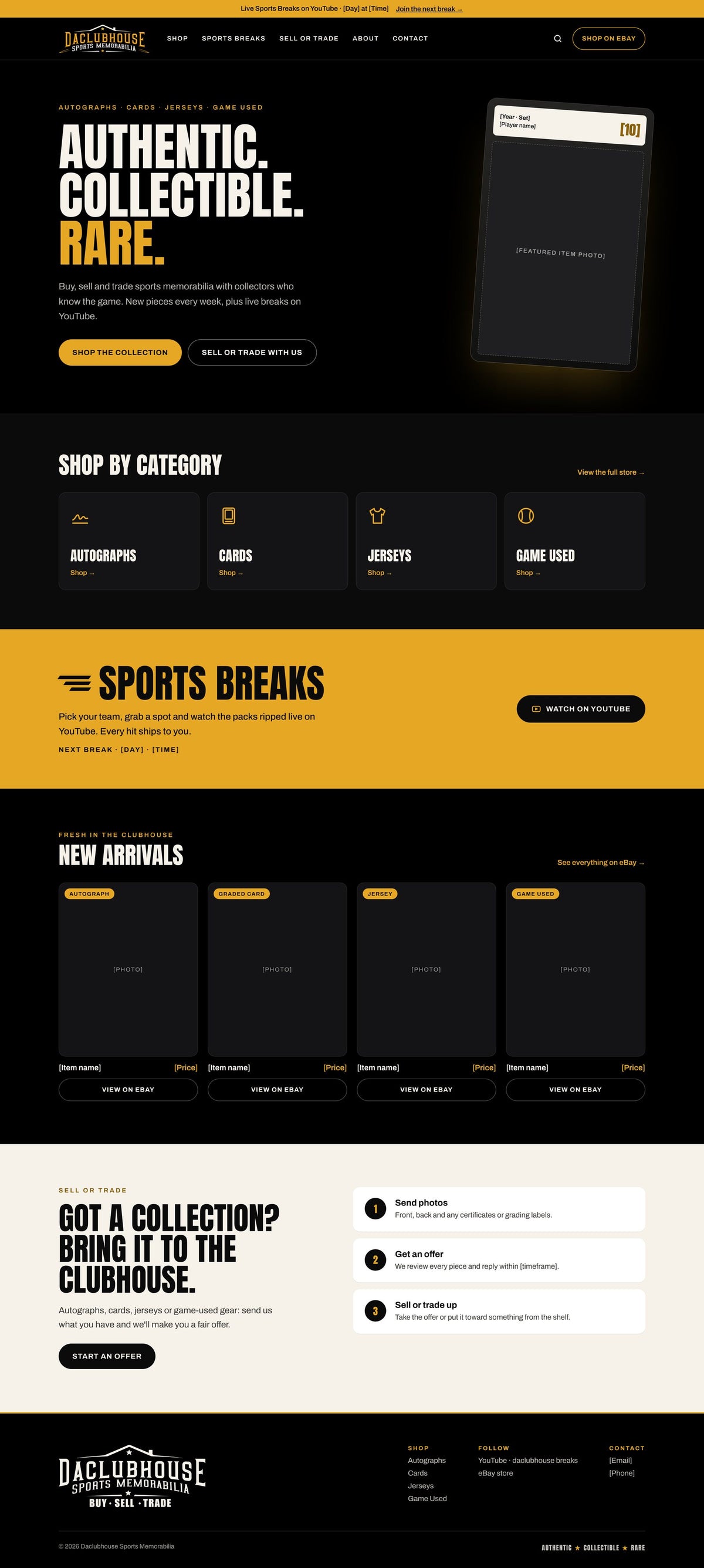 The full homepage concept: shop by category, live breaks, new arrivals and a simple sell-or-trade flow.