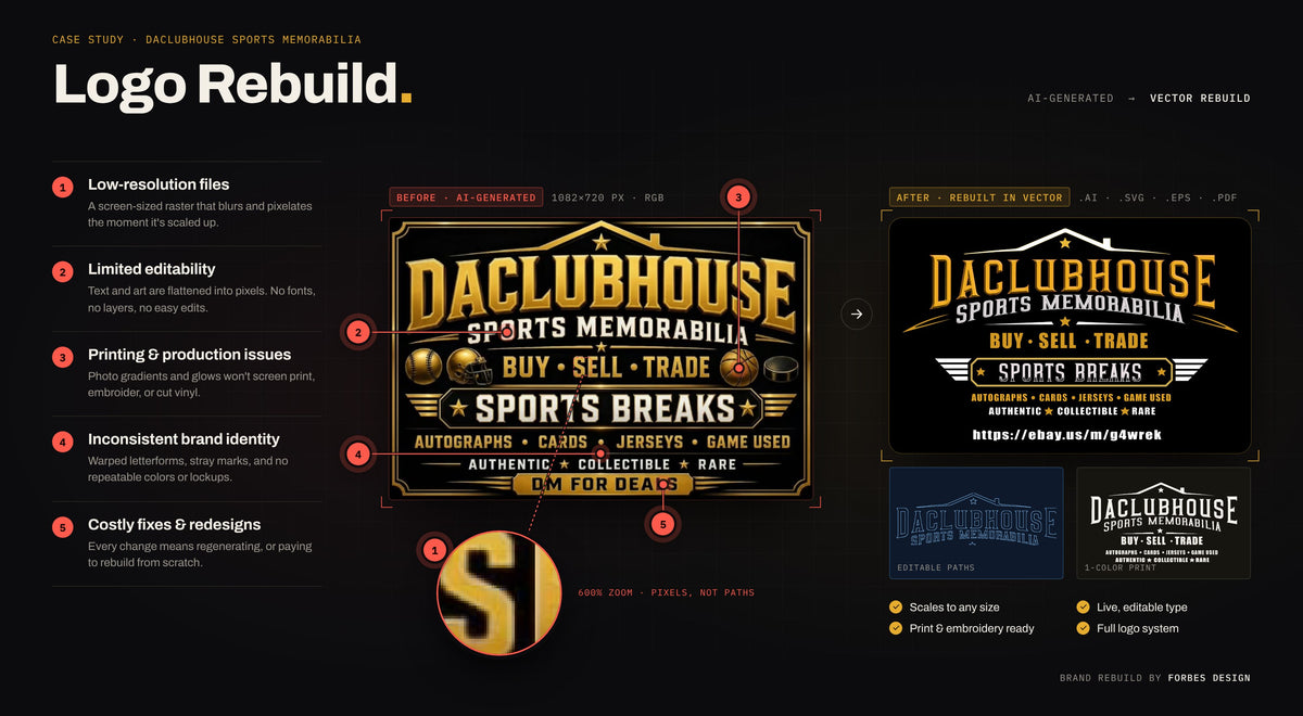 Logo Rebuild case study for Daclubhouse Sports Memorabilia: the AI-generated logo annotated with five problems (low-resolution files, limited editability, printing and production issues, inconsistent brand identity, costly fixes and redesigns) beside the clean vector rebuild by Forbes Design.
