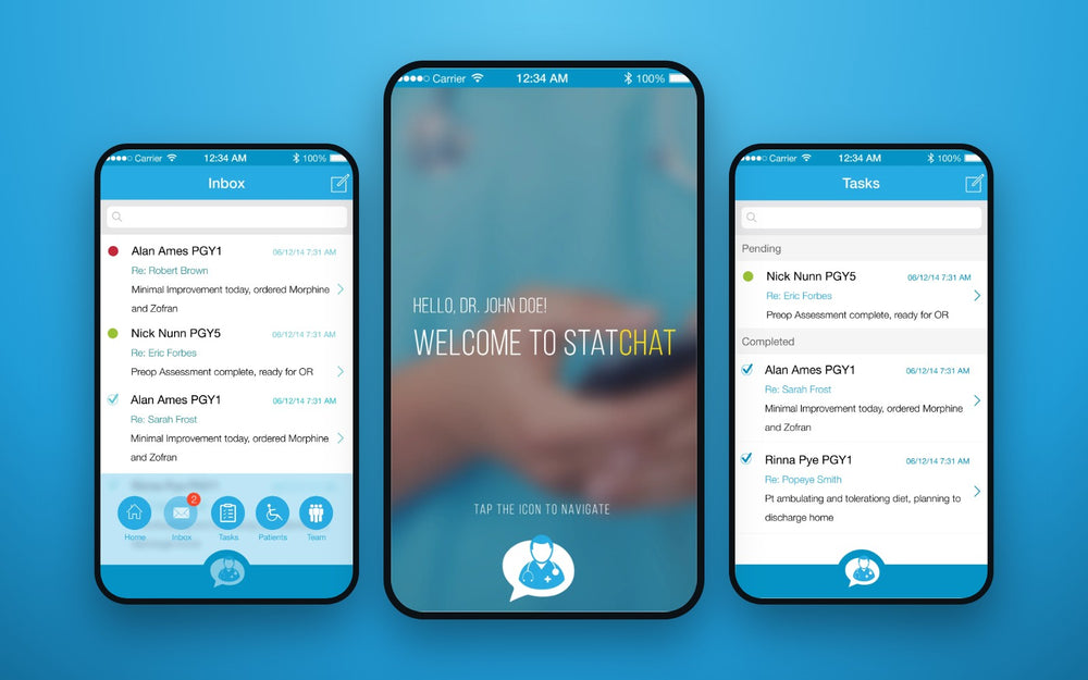 StatChat inbox, home and tasks screens