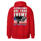 Algorithms Are Your Enemy Hoodie in red, back view