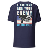 Algorithms Are Your Enemy T-Shirt in heather midnight navy, back view