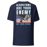 Algorithms Are Your Enemy T-Shirt in navy, back view